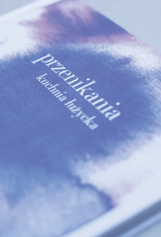 Book cover of „przenikania – kuchnia łużycka”: a white serif title over a blue watercolour wash