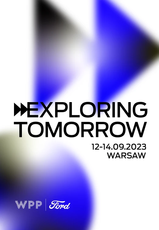 Light key visual variant: black "Exploring Tomorrow" lettering on white with the same date, logos and blurred blue triangle motifs