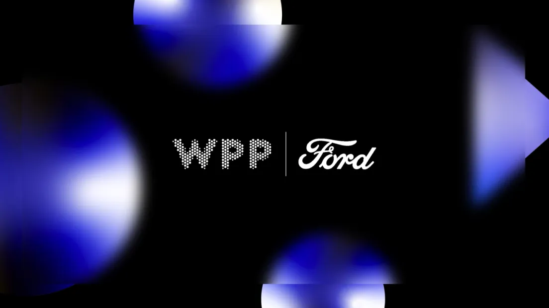 WPP and Ford logotypes side by side on black among glowing blue spheres and triangles — the Exploring Tomorrow conference key visual