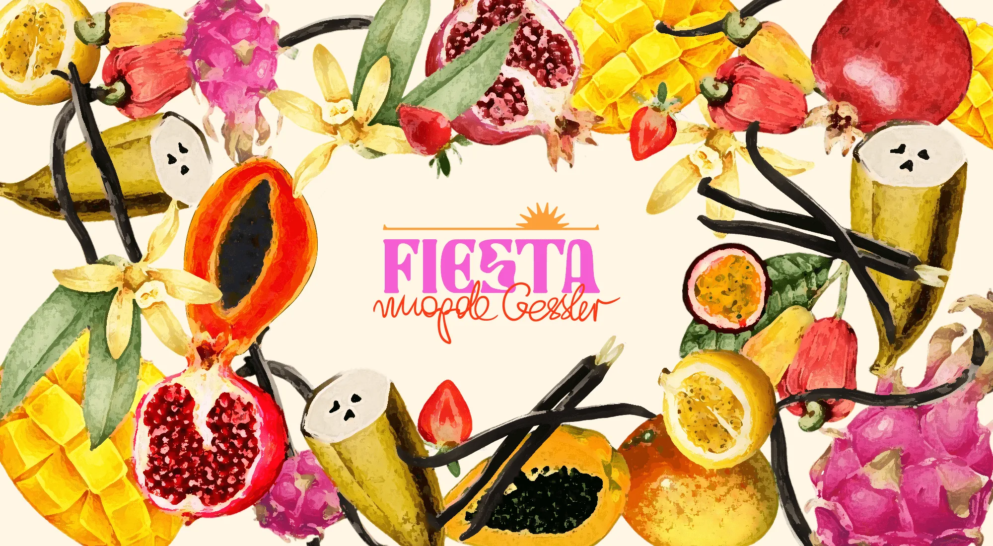 Illustrated collage of tropical fruits — mango, papaya, dragon fruit, passion fruit and pomegranate — around the pink Fiesta Magda Gessler logo