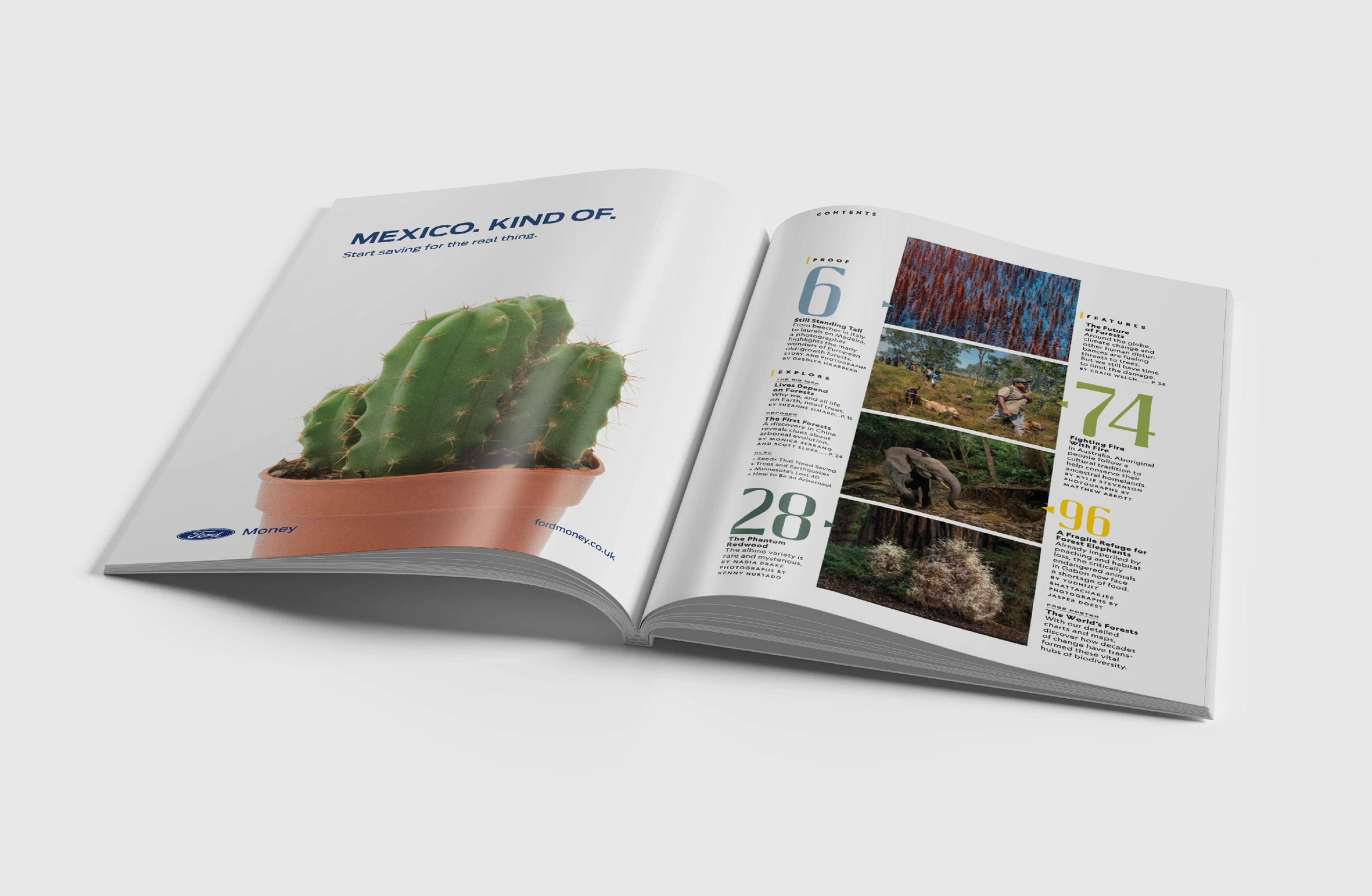 Open National Geographic issue with the "Mexico. Kind of." cactus ad printed opposite the contents page