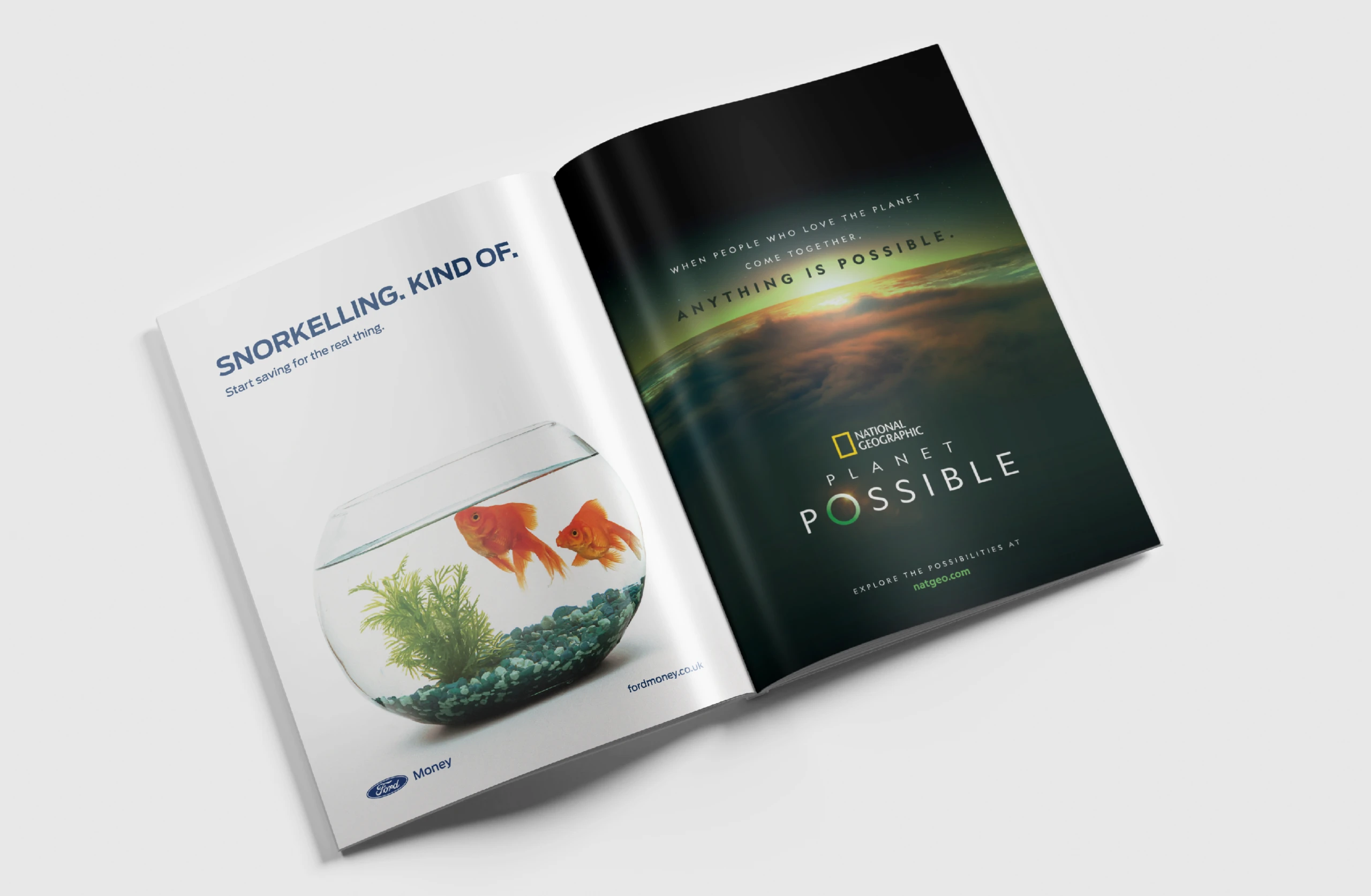 Open magazine with the "Snorkelling. Kind of." goldfish-bowl ad facing a National Geographic Planet Possible page