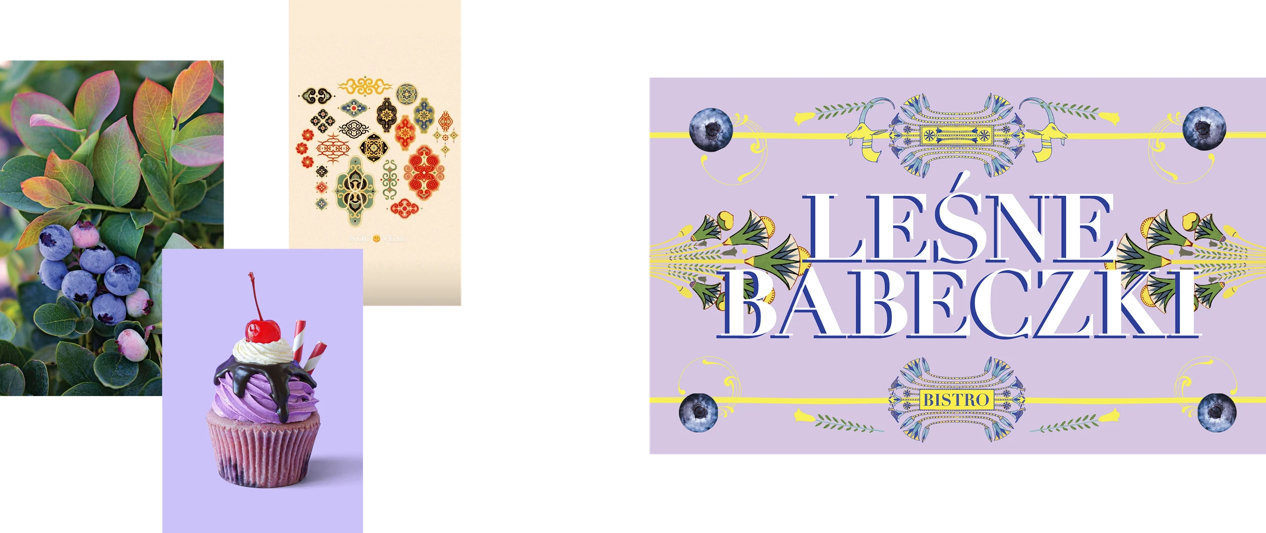 Leśne Babeczki bistro signboard: white serif lettering on lilac with folk ornaments, beside a moodboard of blueberries and a purple cupcake