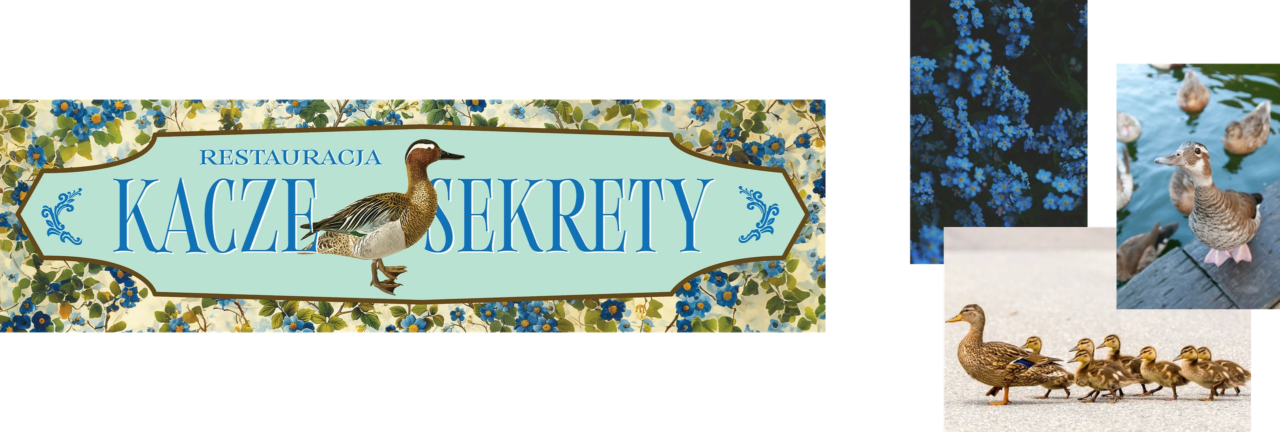Kacze Sekrety restaurant signboard: a mint oval with a wild duck illustration on a floral frame, beside photos of ducks and forget-me-nots