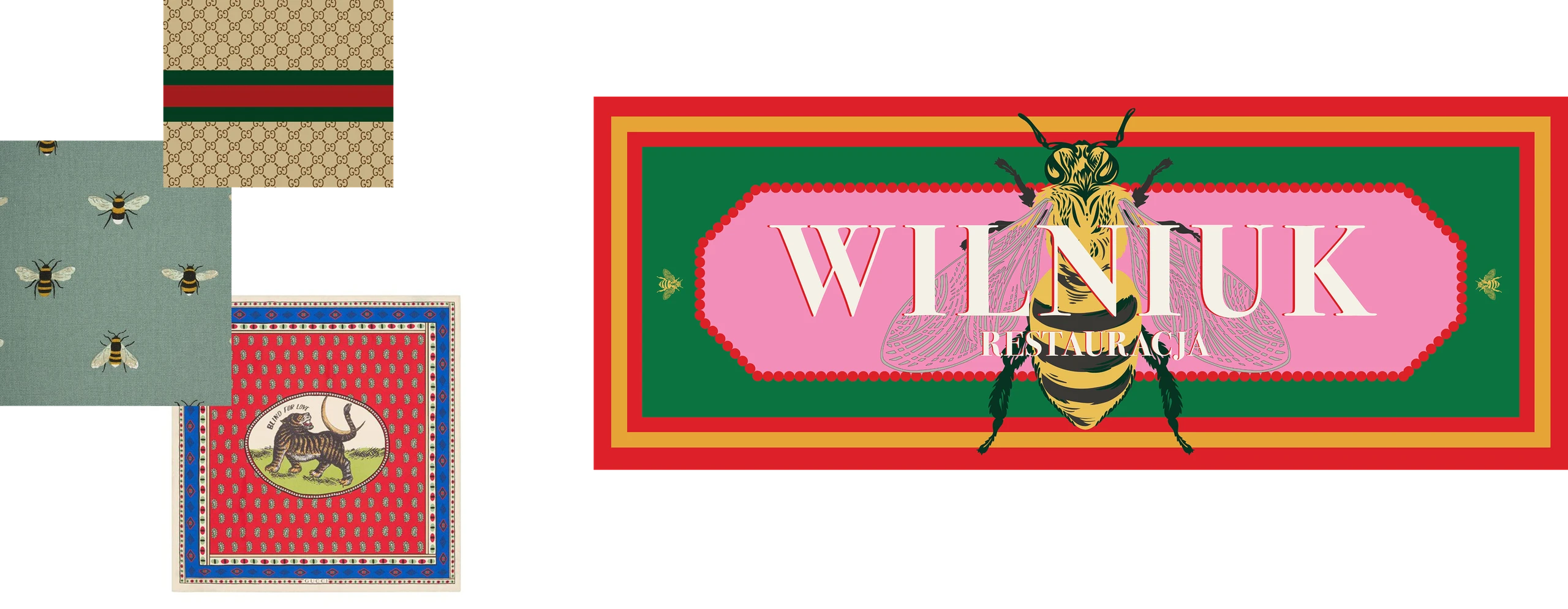 Wilniuk restaurant signboard: white serif on pink and green with a large bee, beside a moodboard of bee fabrics and ornamental patterns