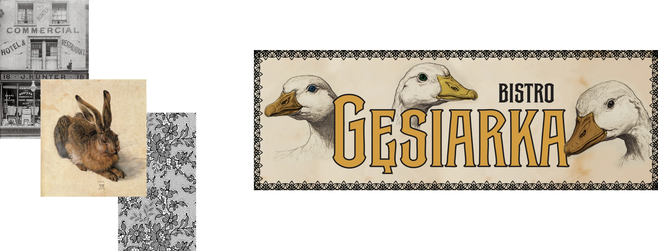 Gęsiarka bistro signboard: sepia goose engravings flanking gold lettering, beside a vintage shopfront photo, a hare drawing and toile fabric