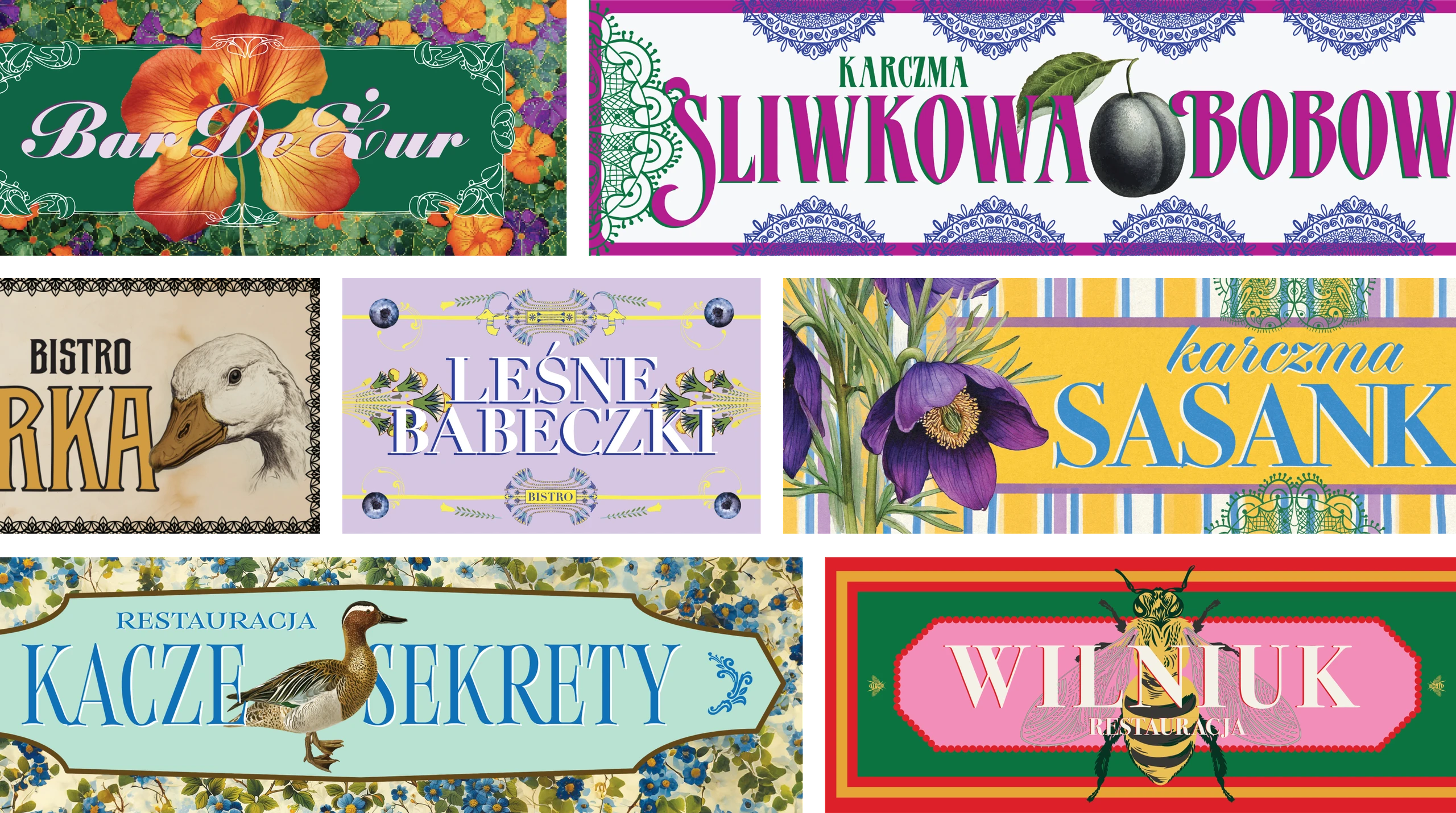 Collage of eight ornate restaurant signboards designed for Kuchenne Rewolucje