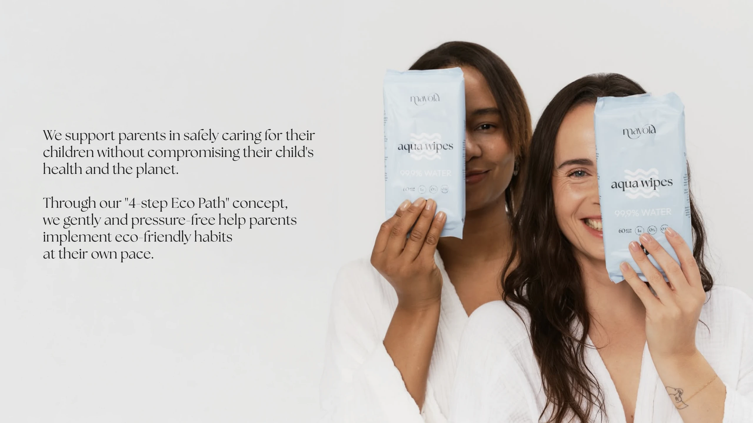 Two smiling women in white holding pale blue Mayola aqua wipes packs beside the brand statement about its 4-step Eco Path