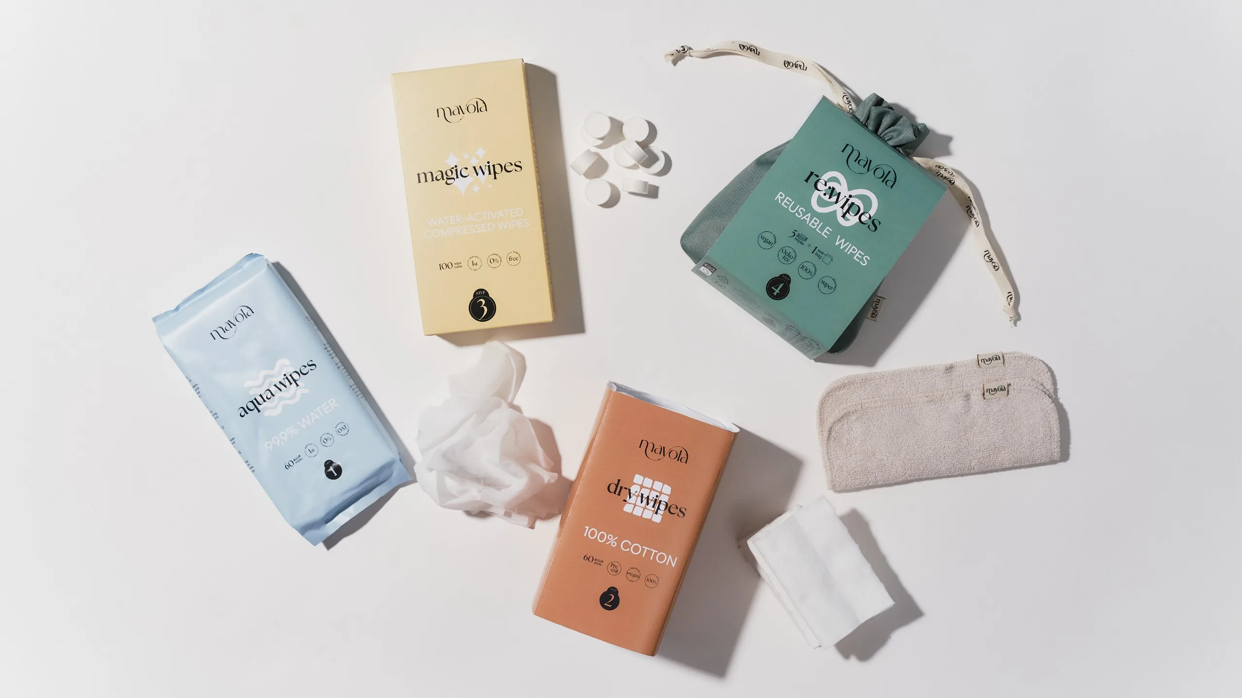 Flat lay of the four Mayola products — aqua wipes, magic wipes, the re:wipes pouch and dry wipes — with loose wipes on white