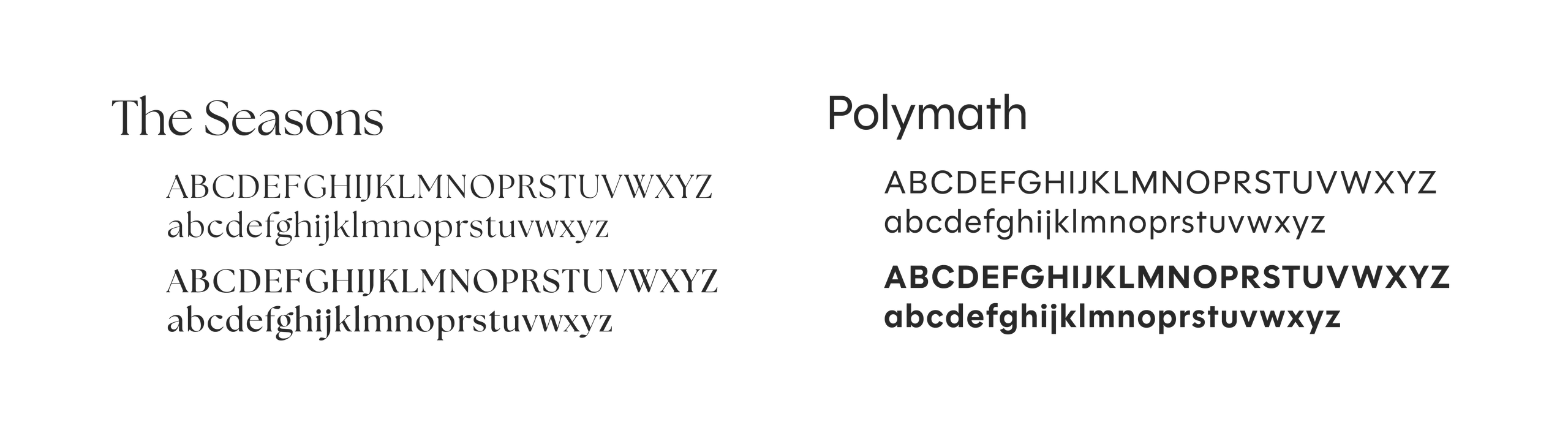Mayola typography specimen: The Seasons serif and Polymath sans alphabets