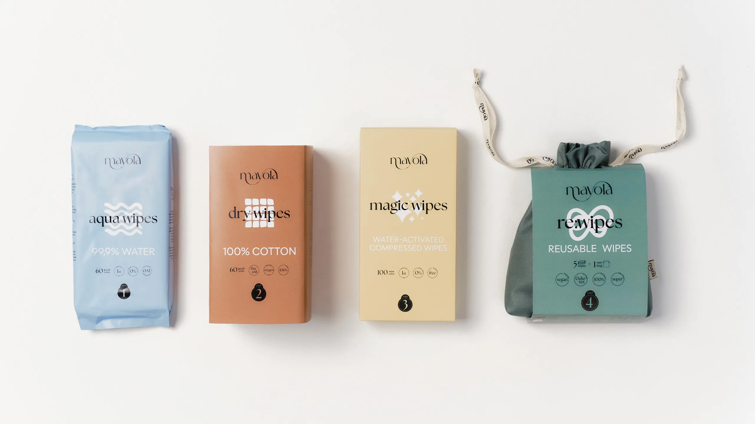 Lineup of the four Mayola packs: aqua wipes, dry wipes, magic wipes and the reusable re:wipes pouch