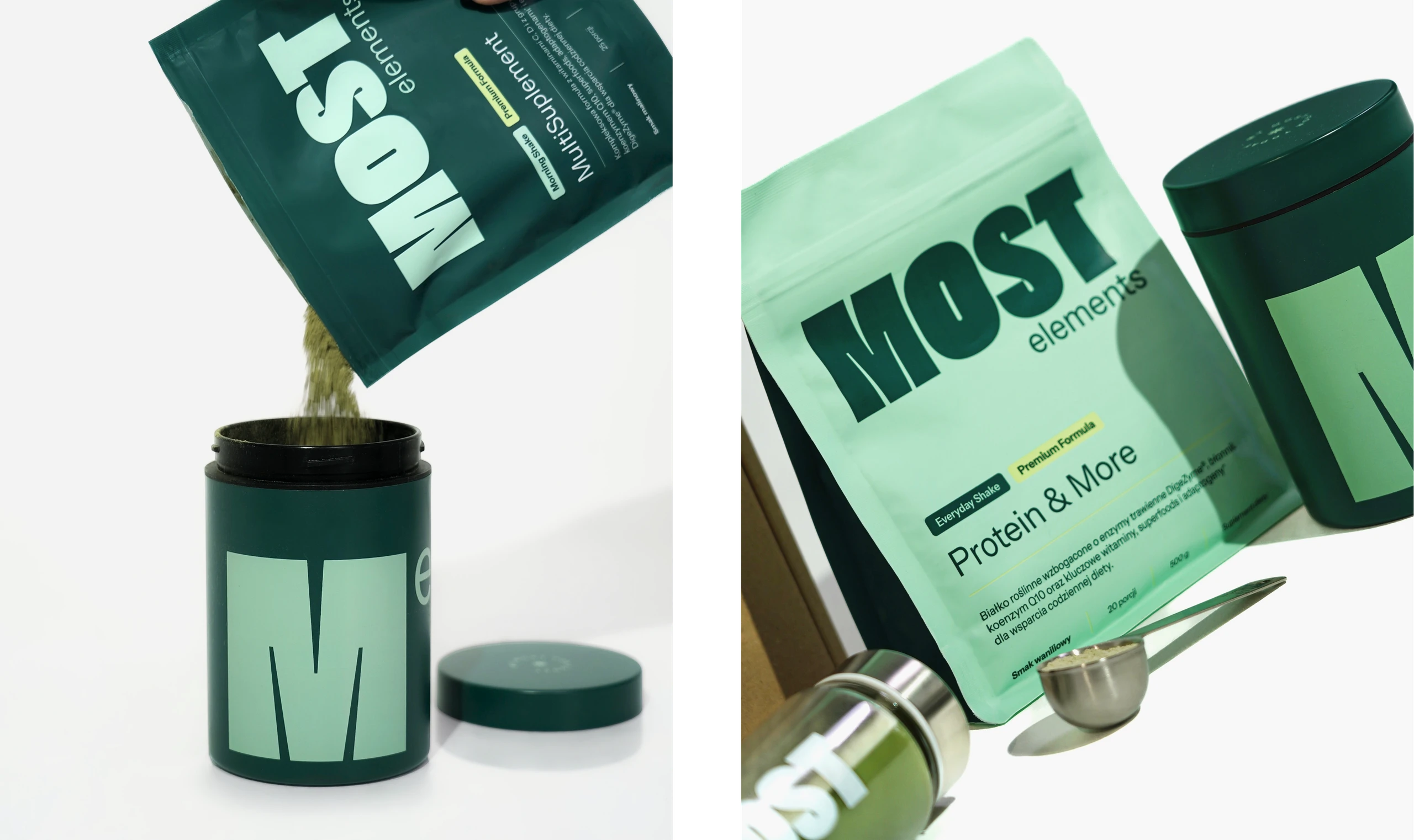 Two MOST Elements packaging shots: powder pouring from a dark pouch into an M-monogram jar, and the mint Protein & More pouch beside a tin and steel spoon