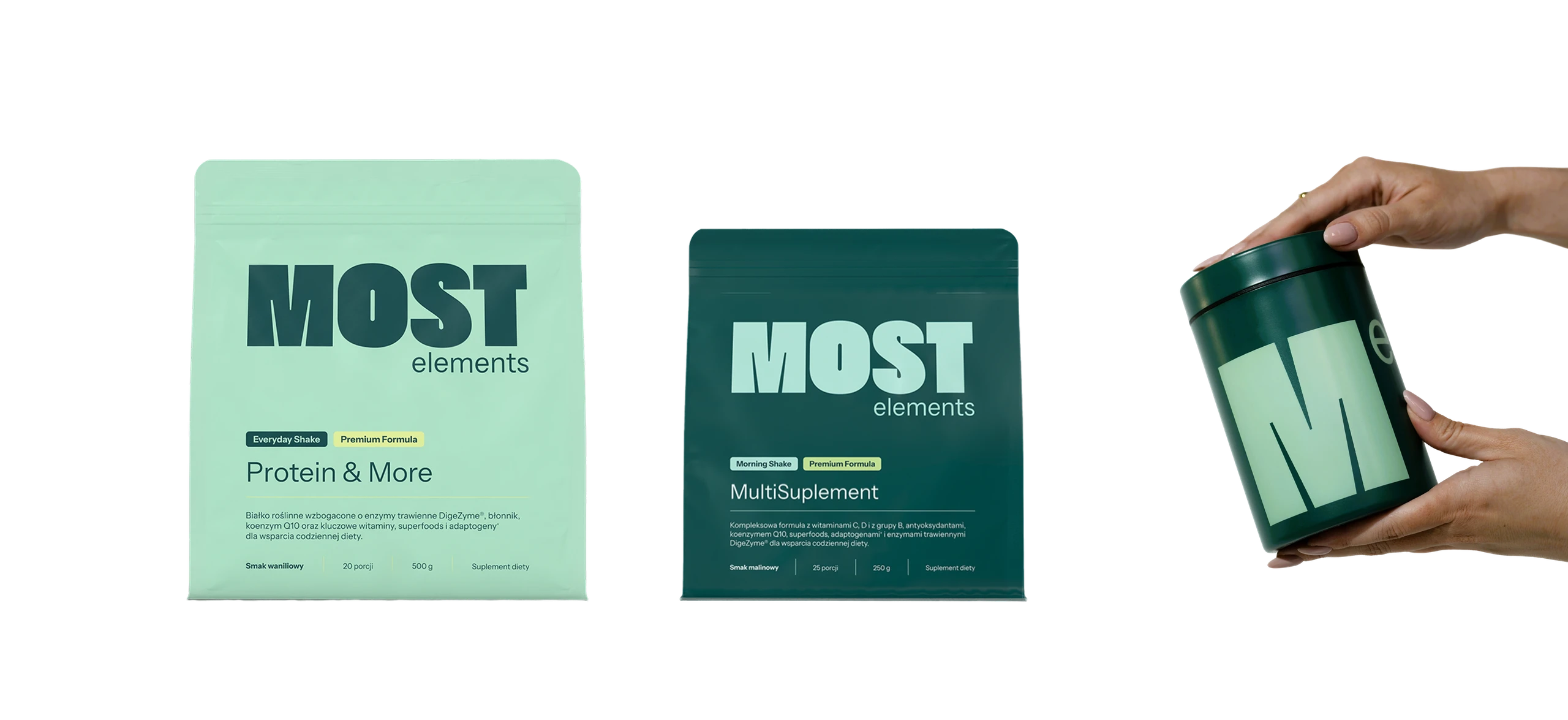 MOST Elements product lineup: mint Protein & More pouch, dark green MultiSupplement pouch, and a hand holding the M-monogram tin