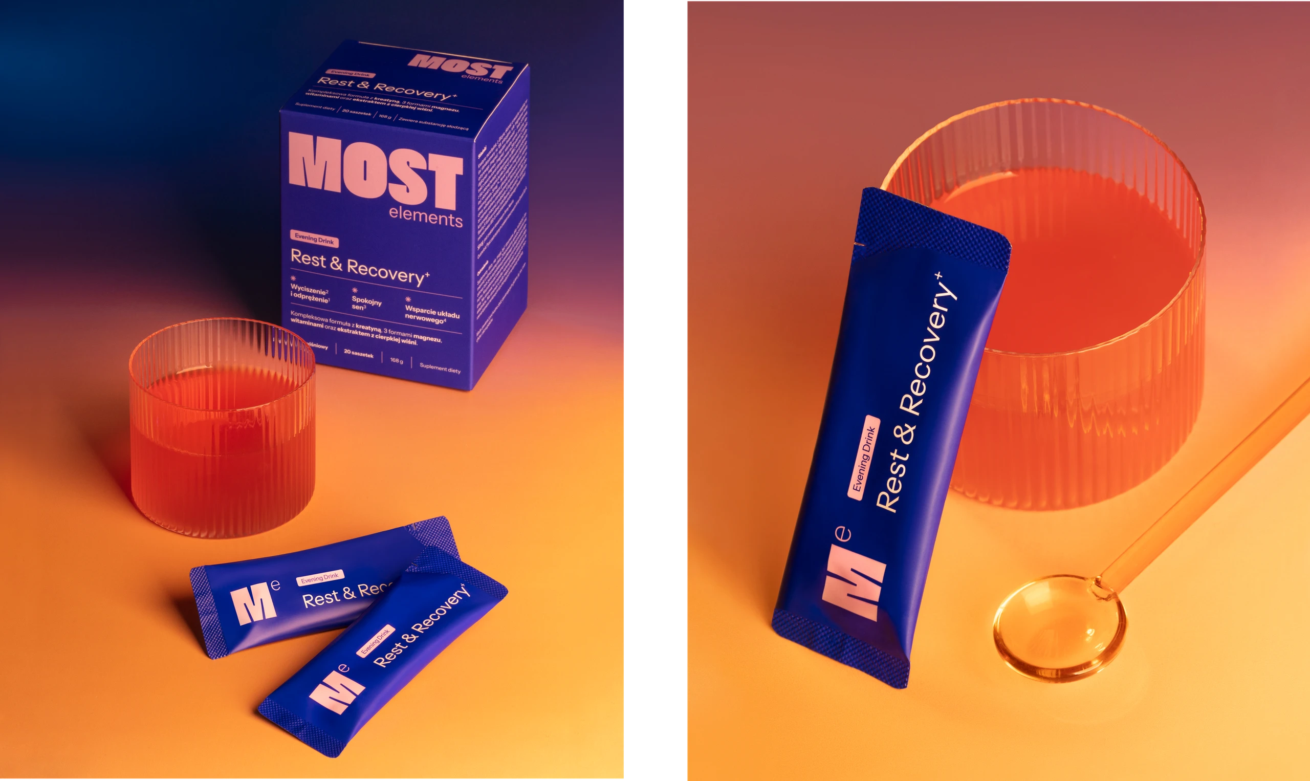 Purple MOST Elements Rest & Recovery box and sachets styled with glasses of a rosy drink on an orange and navy set