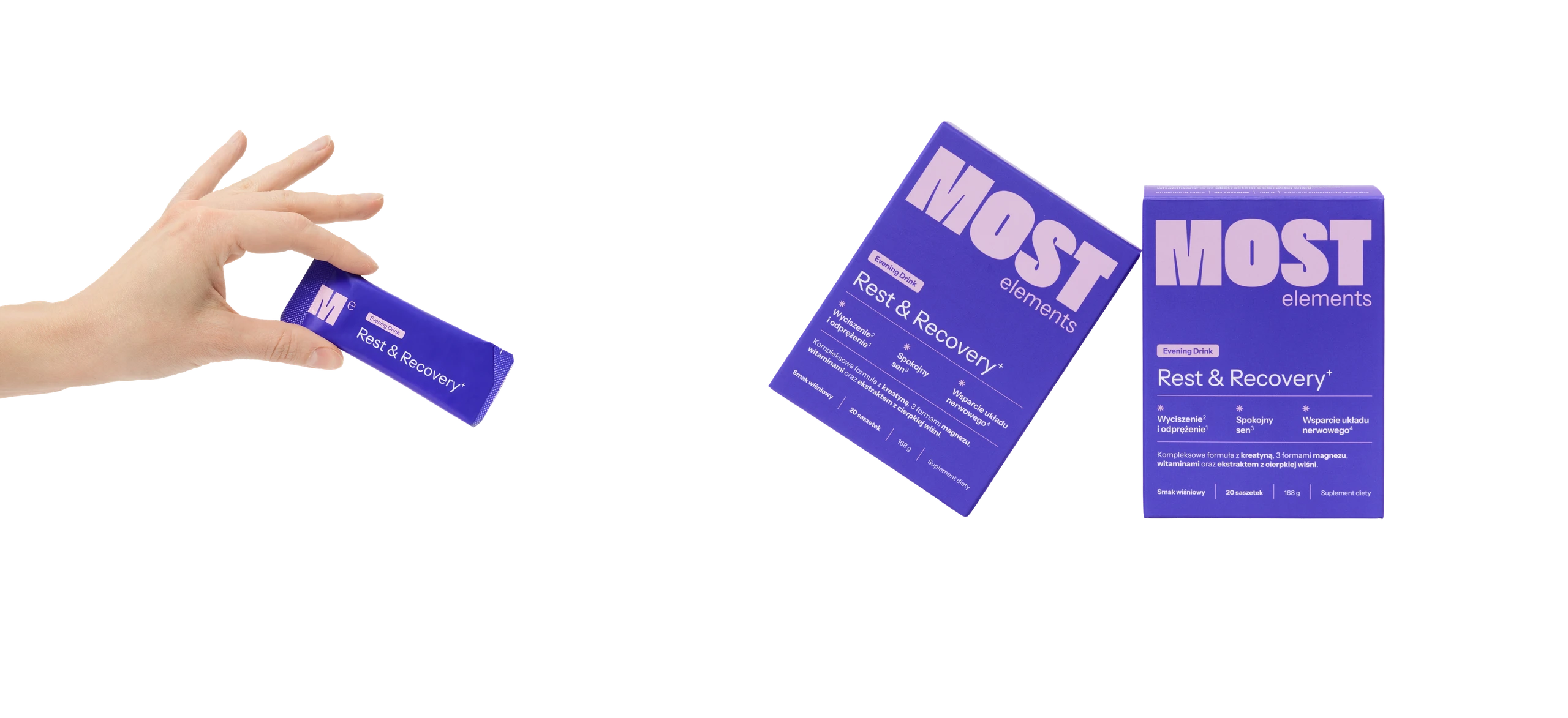 Hand holding a purple MOST Elements Rest & Recovery sachet next to two boxes of the same design