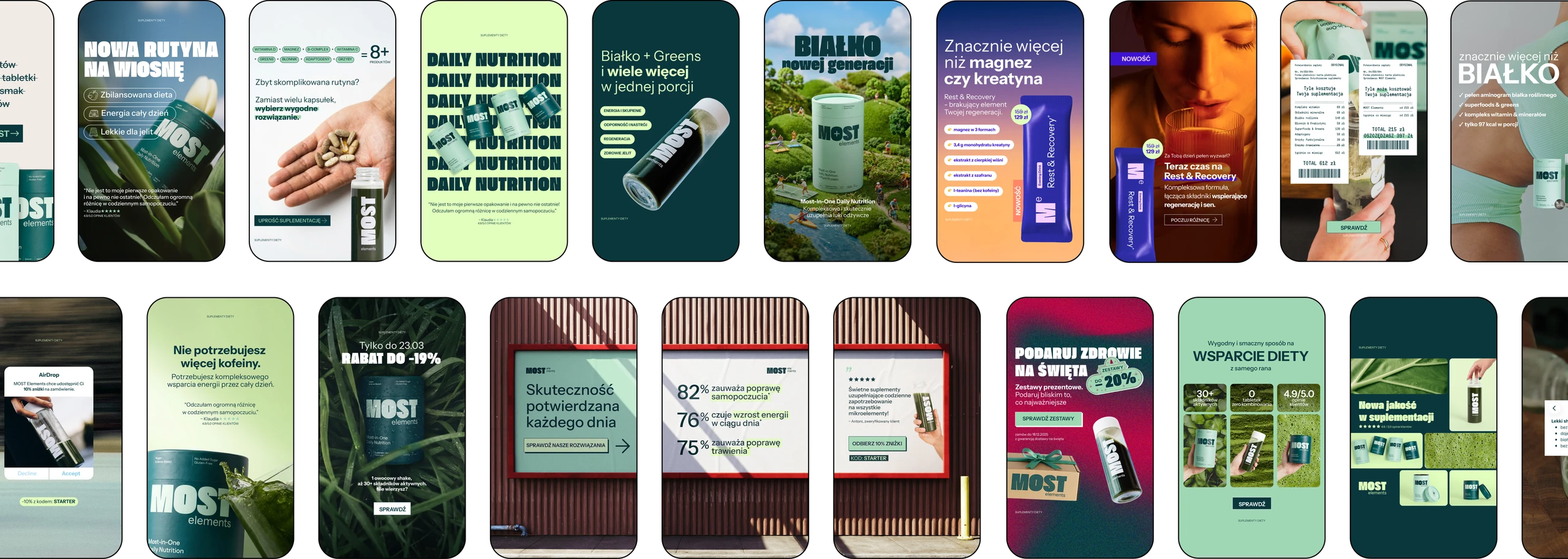 Grid of MOST Elements social media ads in the brand's green and purple palette, mixing product shots, lifestyle photos and Polish copy