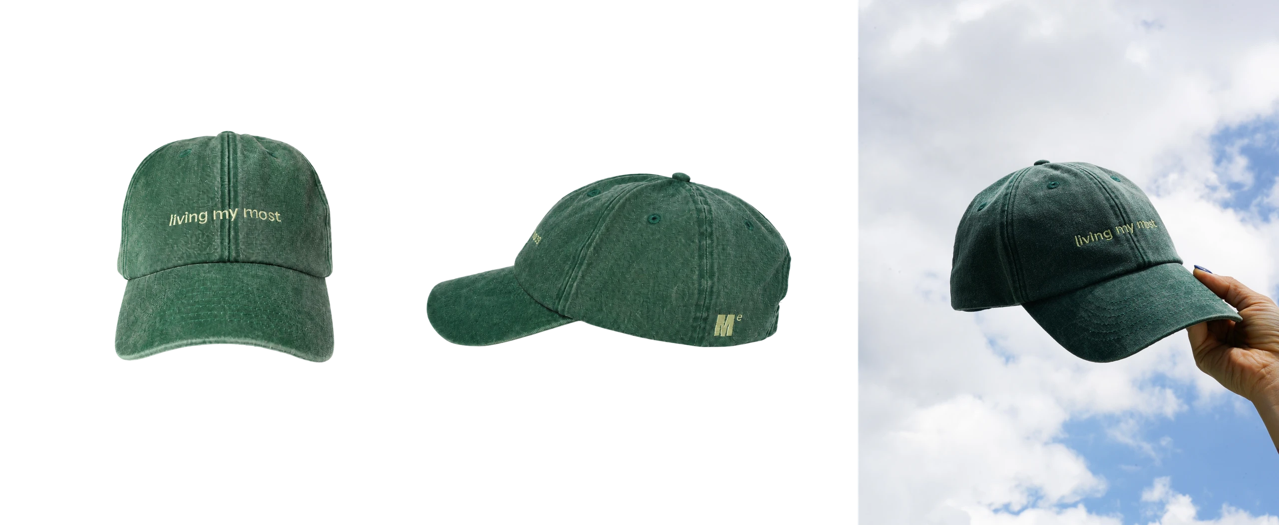 Three shots of the dark green MOST Elements dad cap embroidered "living my most"