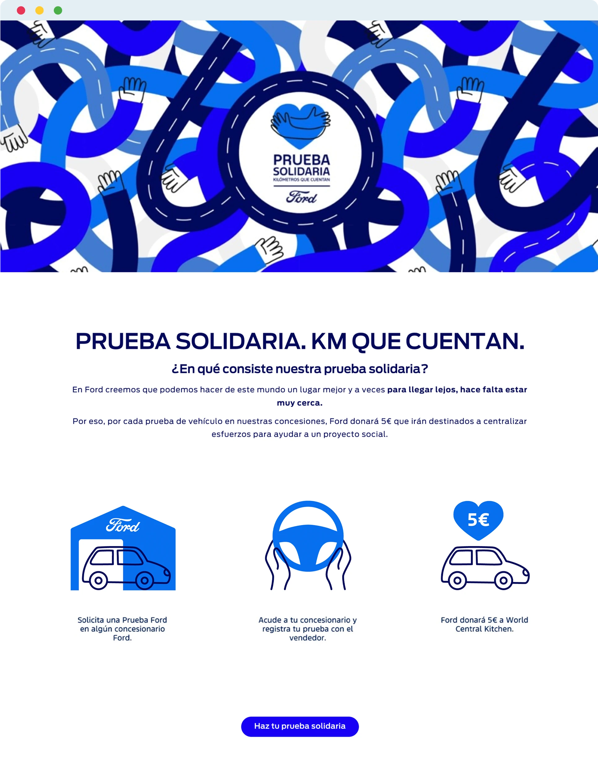 Mockup of the Prueba Solidaria landing page, with a hero pattern of tangled roads and waving arms, campaign copy and three illustrated steps of the test-drive donation