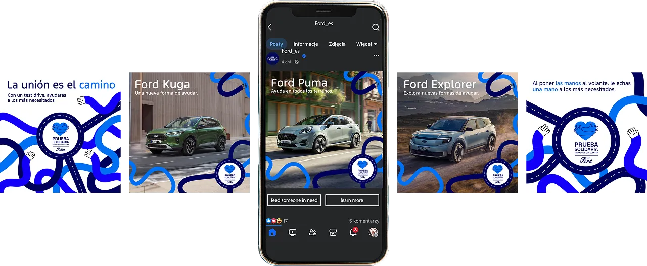 Row of Prueba Solidaria social media posts around a phone mockup: Ford Puma, Kuga and Explorer tiles threaded with the campaign's winding-road illustrations