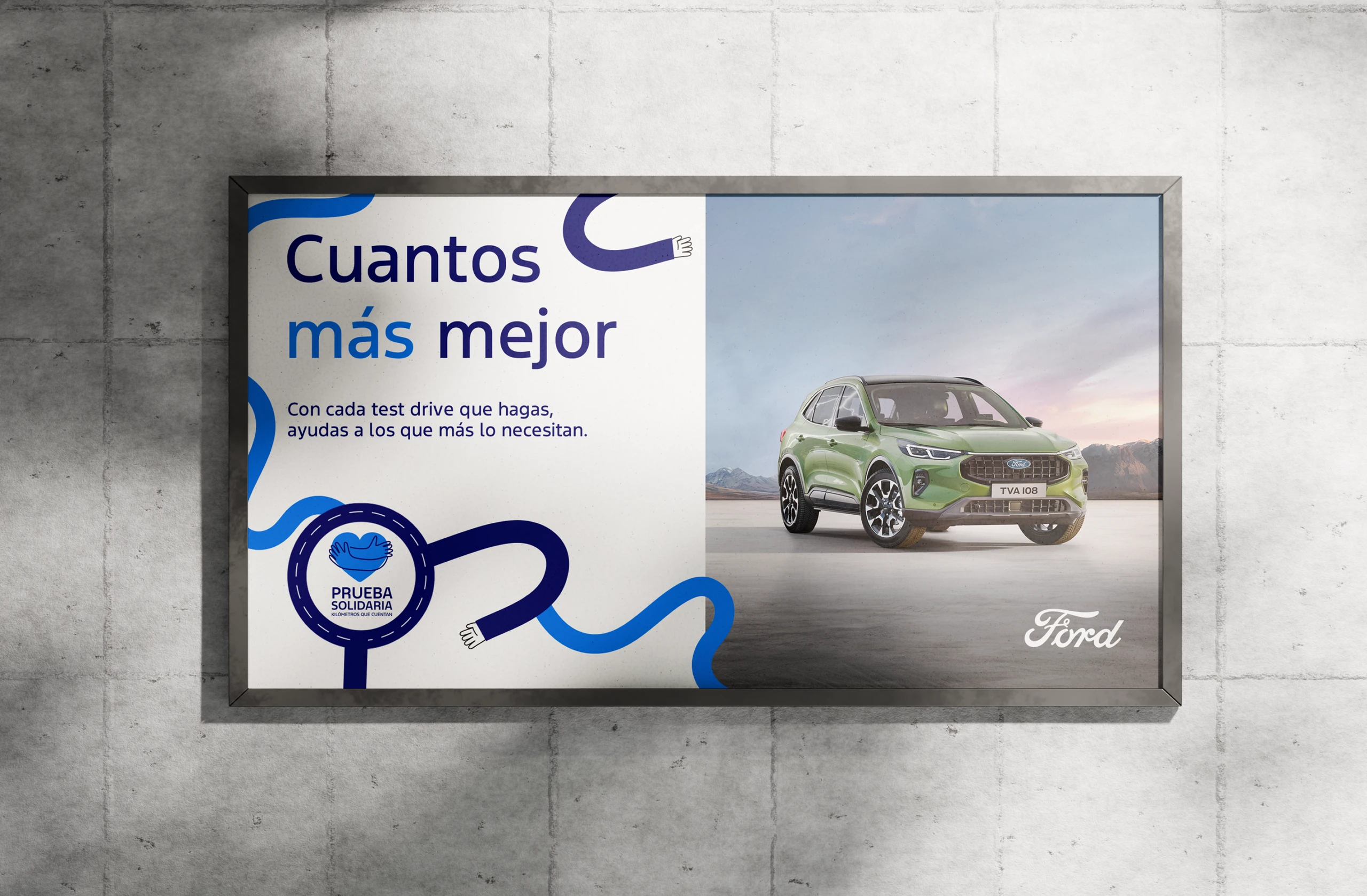 Billboard mockup reading "Cuantos más mejor" with the Prueba Solidaria roundel and a green Ford SUV against mountains